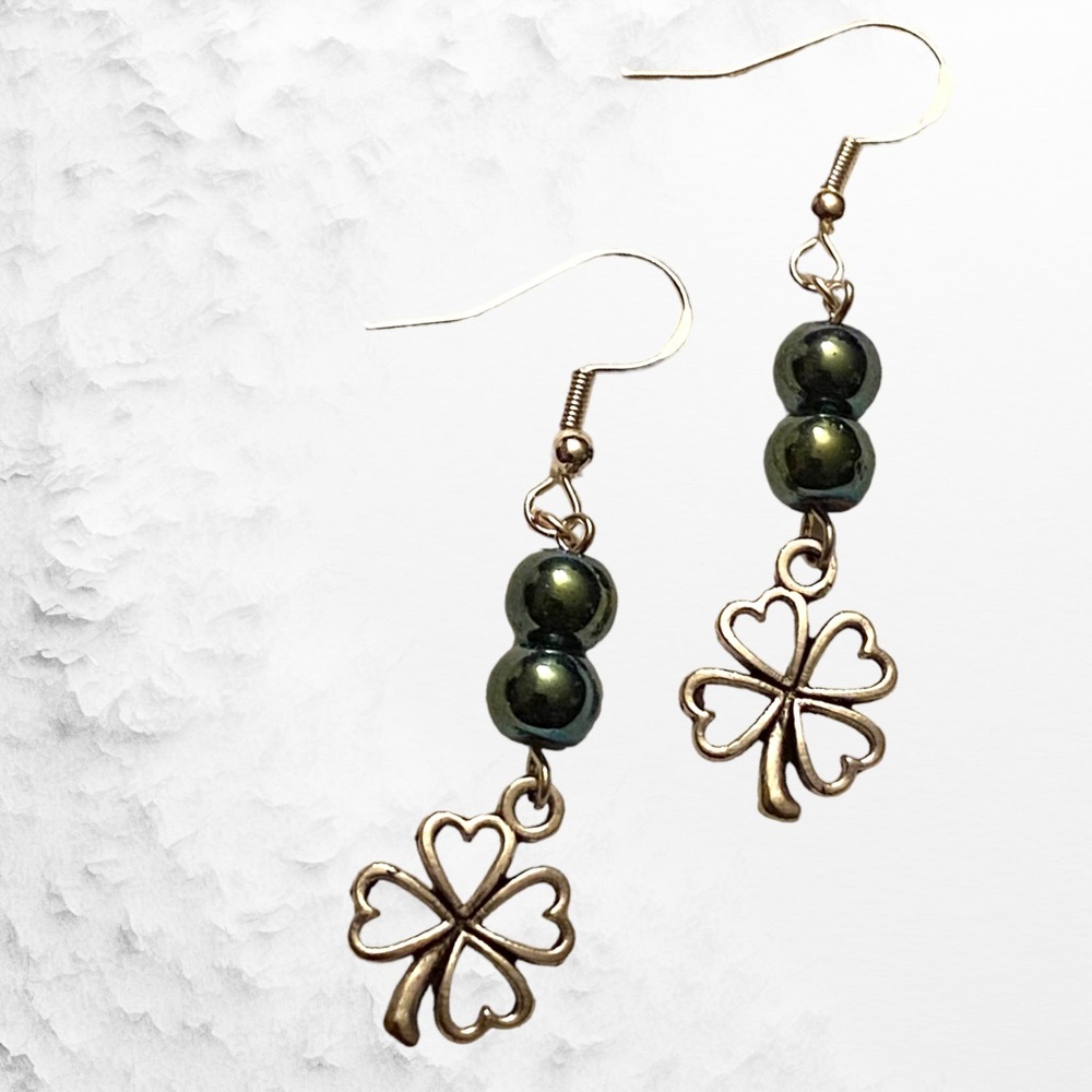 Hand Crafted St. Patrick’s Day Earrings Clover Emerald Green Charm Pierced